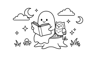 Cute ghost reading book with owl on tree stump in moonlit night sky coloring page for kids