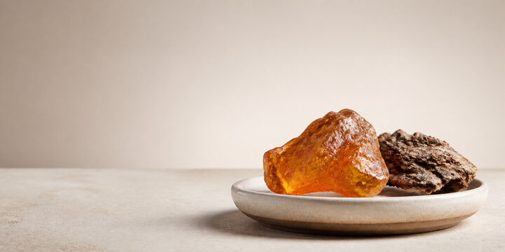 Amber resin piece and bark fragment on ceramic dish, studio banner with soft background, natural wellness and earthy spa concept