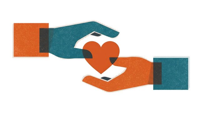 Two hands extending from opposite sides, meeting in middle to cradle heart shape in a supportive gesture.