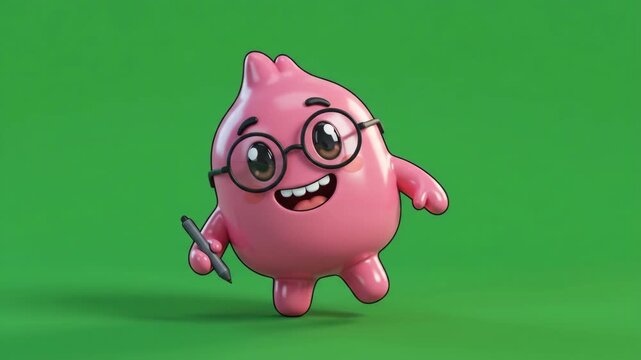 Cute 3D cartoon character in pink with glasses holding a pen, against a vibrant green background, depicting creativity and learning.