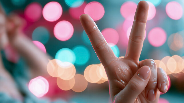 Hand making a peace sign gesture with colorful pink and teal bokeh lights blurred in the background 