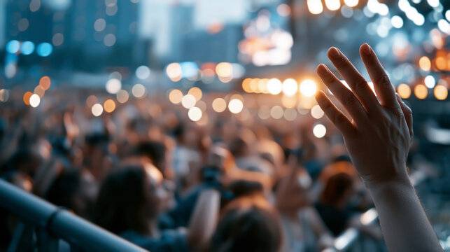Hand gripping a stage railing above a blurred crowd during a live concert 