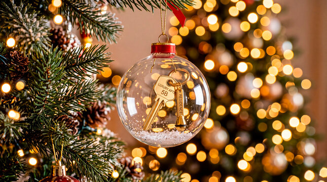 Miniature apartment key inside Christmas bauble hangs on tree with lights in background