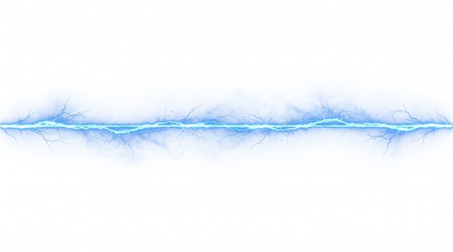 Electric blue lightning bolt on white background, glowing energy discharge line, powerful plasma spark for science and technology design