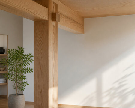Light oak column with wooden joint and green plant, interior architecture concept