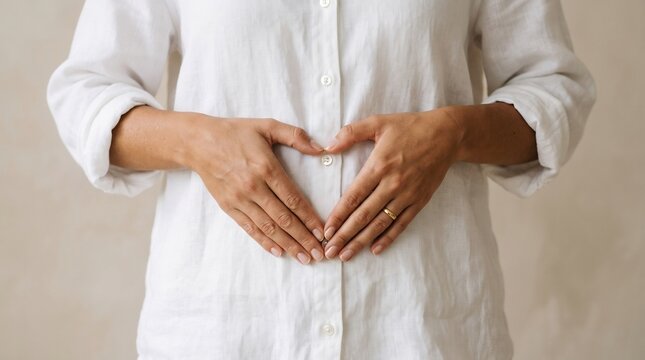woman's hands forming a heart shape on stomach, health and well-being concept