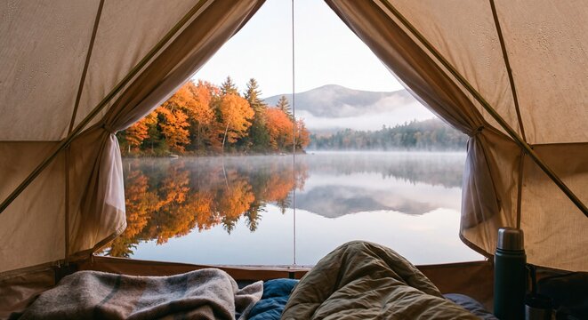 Outdoor camping adventure and cozy travel lifestyle showing view from inside tent looking out to a misty autumn lake at sunrise