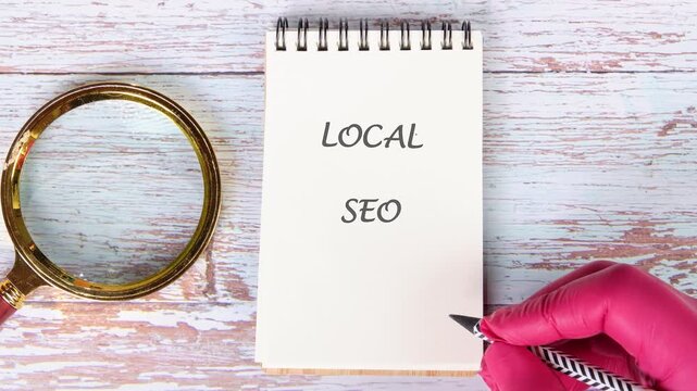 In a workspace, hands demonstrate the process of writing local SEO notes on paper. The notes show steps and tips for effective local search marketing