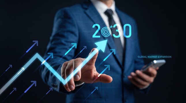 Businessman pointing at glowing blue 2030 target year with upward trend arrow, symbolizing global market expansion, future goals, strategic planning, long-term vision