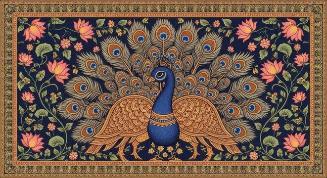 Exquisite Indian Peacock Displaying Vibrant Plumage Amidst Floral Garden.