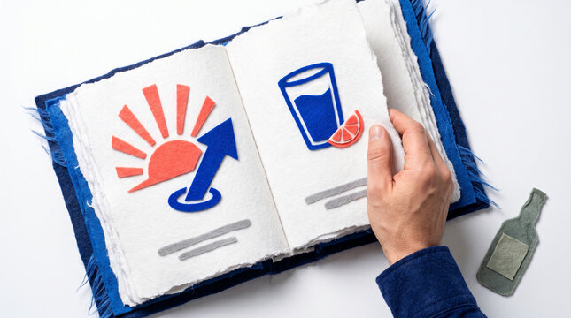 Open book about recovery from addiction with illustrations of drinks  