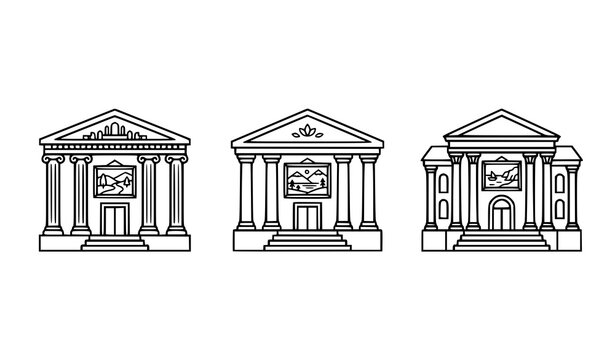 Classical institutional building outline collection featuring three symmetrical facades with columns, pediments, steps, roofs, and entrance details