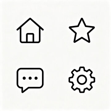 A clean, minimal set of four universally used interface icons rendered in thin black outlines on a light background: home/house icon, star/favorite icon, speech bubble with dots/chat message icon, and
