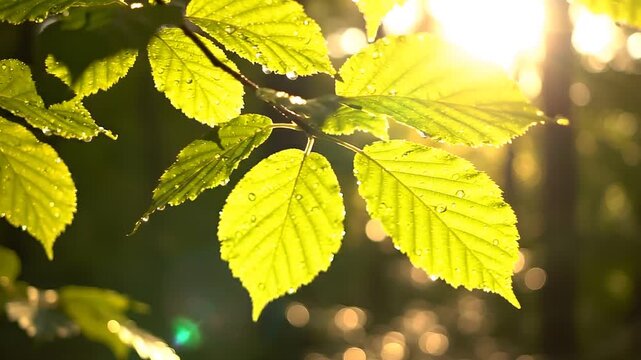 Closeup of bright green leaves backlit by the warm golden sun in a forest