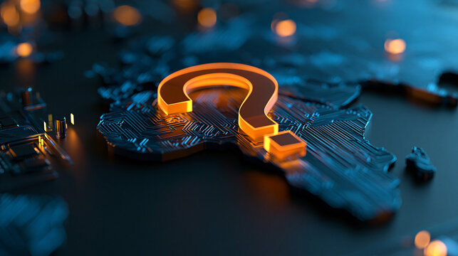 Glowing orange question mark embedded in blue circuit-textured map silhouette, digital uncertainty concept, with copy space