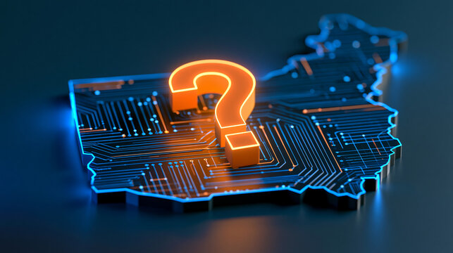 Glowing orange question mark embedded in blue circuit-textured map silhouette, digital uncertainty concept, with copy space