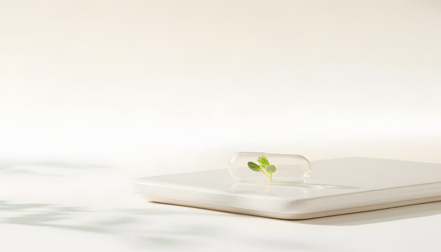 Minimalist Healthcare Concept Featuring A Single Transparent Glass Capsule Containing A Small Green Sprout Resting On A Smooth Surface