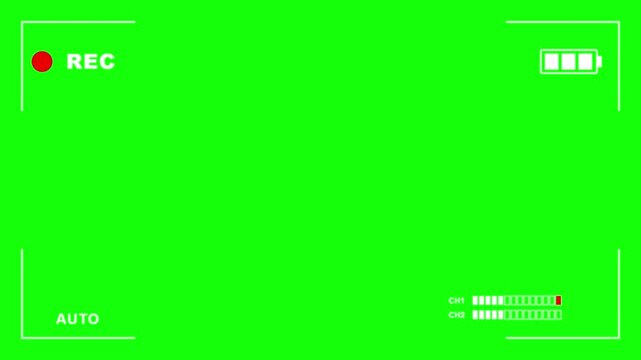 Video camera recording screen overlay with battery status and audio levels high quality 4K animation rec interface viewfinder broadcast production rec interface high quality 4K animation