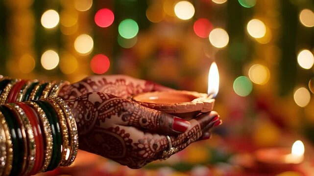 Close up of hands adorned with mehndi and bangles holding a lit diya lamp for Diwali festival