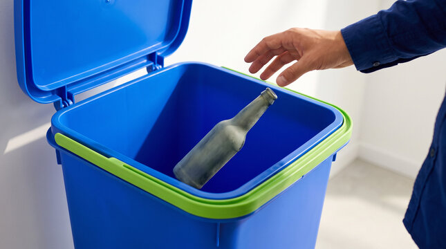 Hand dropping empty glass bottle into blue recycling bin  