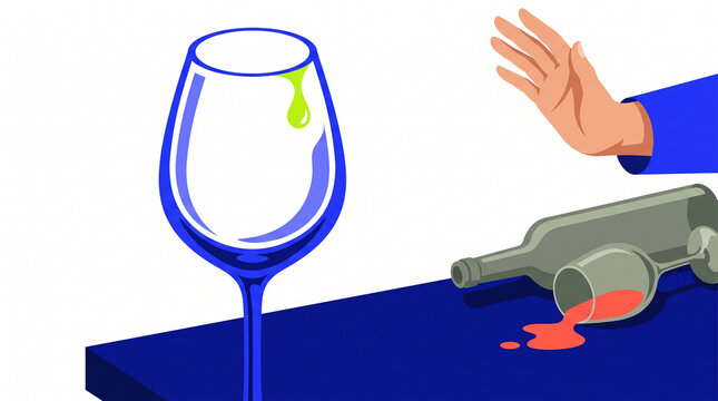 Empty wine glass on table with spilled bottle and hand gesture  