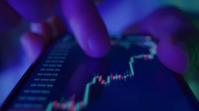 Close up of crypto trader checks investment chart on smartphone under blue and purple neon light, analyzing financial markets, stocks and cryptocurrency prices.