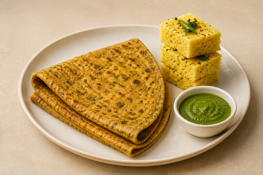 Folded thepla flatbread on ceramic plate with dhokla pieces and green chutney, Indian snacks concept