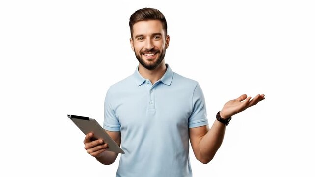A smiling man in a light blue polo shirt holding a tablet and gesturing