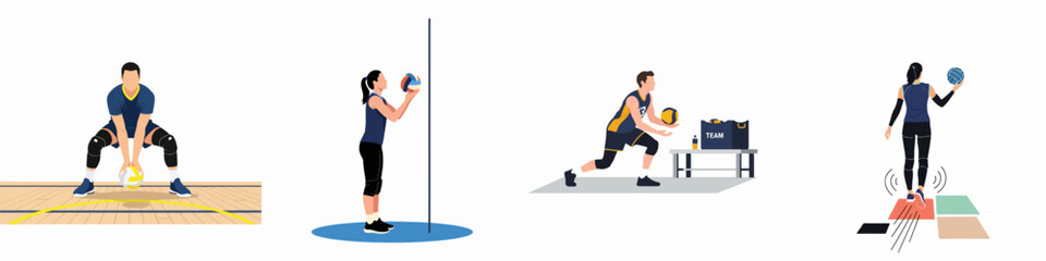 Obraz premium Netball Players Set: Vector Illustration of Athletes in Action Poses, Shooting at Goal, Passing, and Practicing on Indoor Court for Sports and Fitness Design