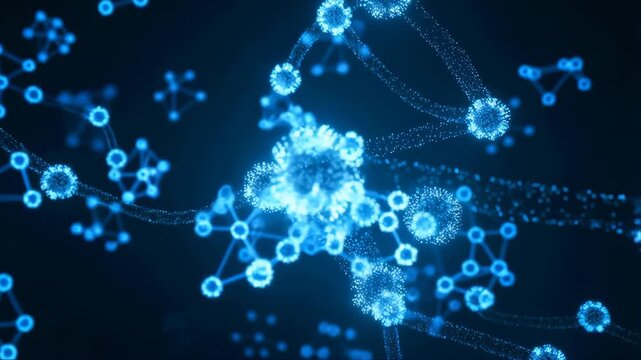 Blue Nanoscale Particles Forming Dynamic Molecular Structures in a Futuristic Digital Network Animation