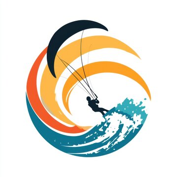 kitesurfing extreme sport minimalist illustration icon, dynamic kite surfer riding big ocean wave with colorful parasail canopy, active water sports logo emblem design, isolated graphic element