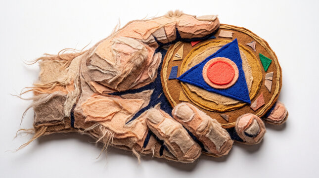 Hand holding a multicolored sobriety chip made of fabric  