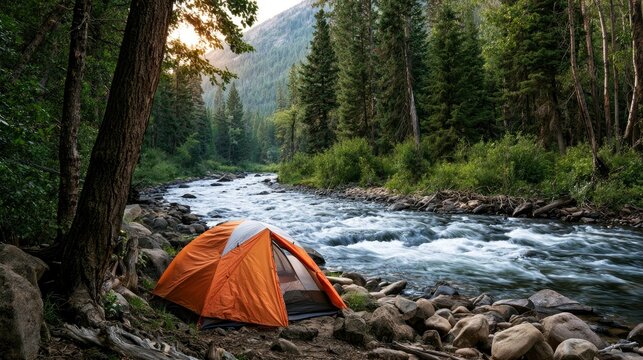 Scenic Wilderness Camping Site with Tent by Mountain River in Forest