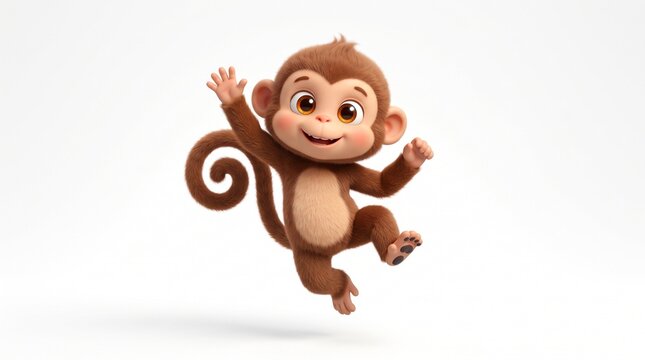 A playful 3D cartoon baby monkey with fluffy brown fur, big amber eyes, rosy cheeks, and a curly tail. Jumping mid-air waving one hand, happy smile on white background.