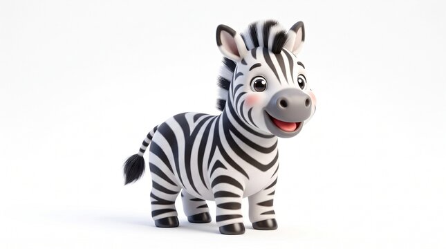 A cute 3D cartoon baby zebra with black and white stripes, big shiny eyes, rosy cheeks, and a happy smile. Standing with a short striped mane on white background.
