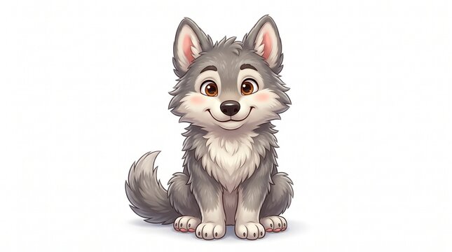 A cute cartoon wolf pup with fluffy gray and white fur, big amber eyes, pink inner ears, and a friendly smile. Sitting with a bushy tail on white background.