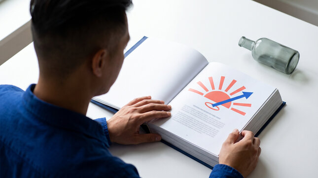 Young man reading self-help book with graphic illustration at table  