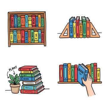 Vector Set of Book Illustration Doodles Featuring Bookshelf, Bookends, Stacked Books, and Reading