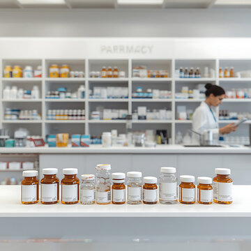 Pharmacist working in modern pharmacy retail store with assorted medication bottles on foreground table