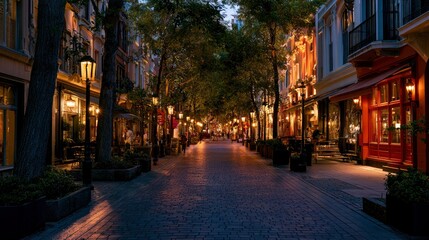 Fototapeta premium Twilight View of Fashionable Downtown Street with Lit Storefronts and Trees