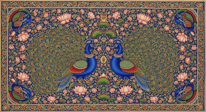 Exquisite Mughal Miniature Painting of Two Peacocks Amidst Floral Designs.