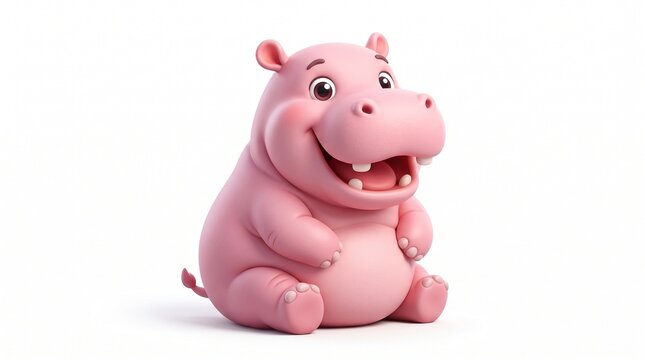 A chubby pink cartoon hippo sitting on a white background. Big smile, happy eyes, rosy cheeks, and a plump belly. Super cute 3D style.