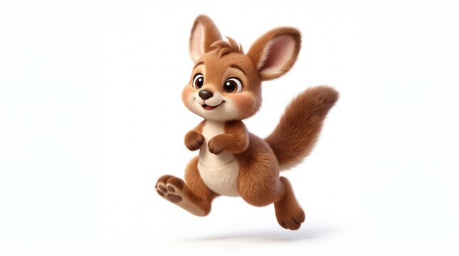 A cute cartoon kangaroo mid-jump on a white background. Brown fluffy fur, big eyes, happy smile, and a bushy tail balancing it as it leaps.