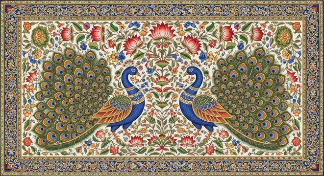 Exquisite Mughal Miniature Painting of Two Peacocks Amidst Floral Designs.