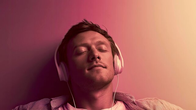 Young man relaxing with headphones listening to music with closed eyes and peaceful expression