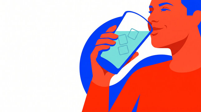 Young man drinking water from glass with ice cubes in colorful design  