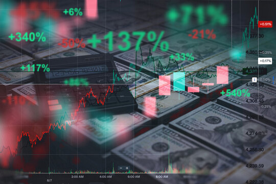 Stacks of US dollar bills with a calculator, overlaid with dynamic stock market graphs, charts, and positive and negative percentage growth figures. High profit trading and analysis concept.
