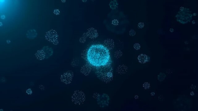 Futuristic Smart Dust Particles Floating and Glowing in Dark Blue Space with Light Trails Featuring Motion Graphics, Looping Animation, Particle