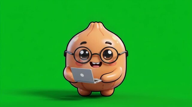 Cute cartoon onion character with glasses working on a laptop against a green screen background, showcasing technology and fun.