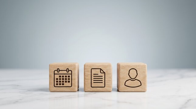 Three wooden cubes with calendar document and user icons representing scheduling paperwork and personal profile management concepts